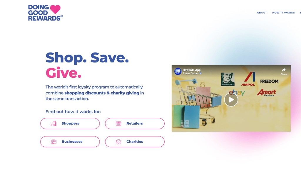 Doing Good Rewards homepage — Shop. Save. Give.