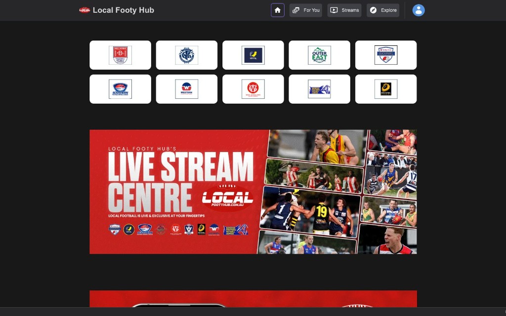 Local Footy Hub — league logos and live stream centre.